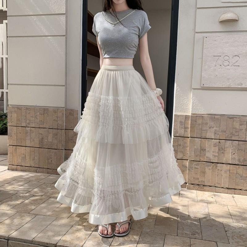 Womens High Waist A-Line Mesh Cake Skirt Slim Fit Sweet Fresh Style Mid-Length