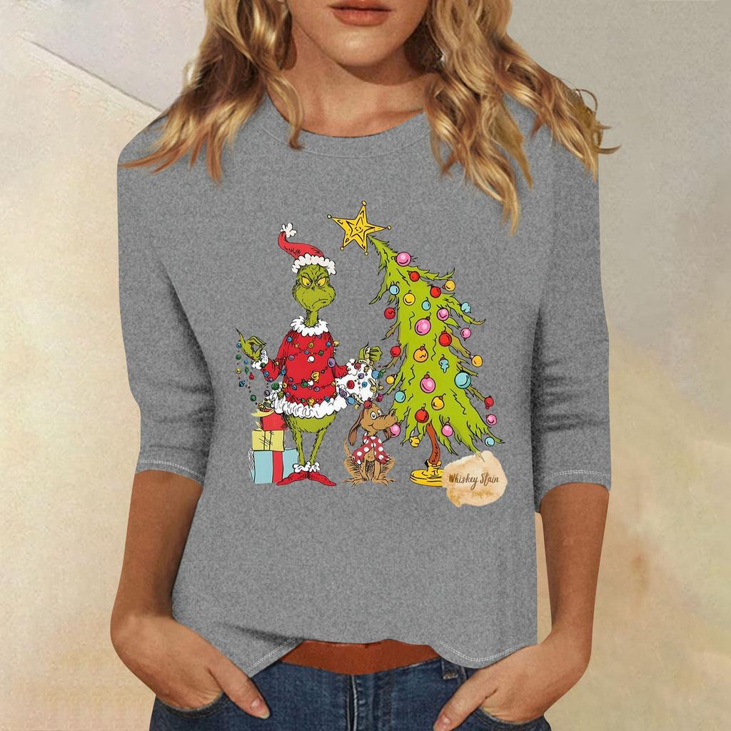 3/4 Sleeve Tops For Women T-Shirt Casual Christmas Print Tops T Shirt Round Neck Pullover Blouse