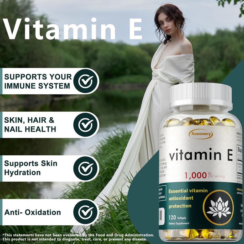 High-purity vitamin E extract capsules, all-natural, gluten-free, 120 capsules, suitable for adults.