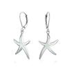 Nautical Aquatic Tropical Beach Vacation Iridescent White Created Opal Inlay Starfish Dangle Drop Lever Back Earrings for Sterling Silver Women.925