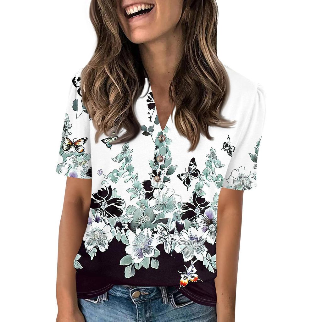 Женский модный повседневный свитер с коротким рукавом и принтом на пуговицах и V-образным вырезом