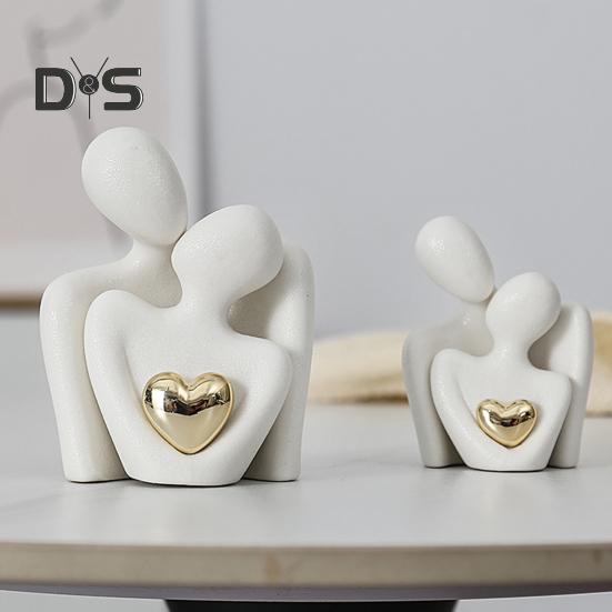 Ceramic Couple Hug Figurine with Golden Love Heart Men Women Embrace Statue Sculpture Living Room Bedroom Desktop Decoration Wedding Anniversary Gifts