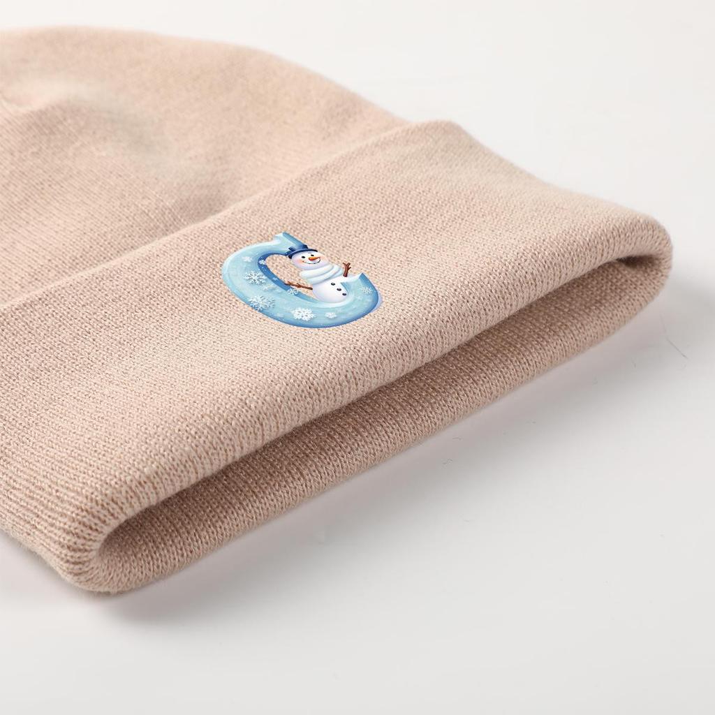 Snowman "C" Print Knitted Hat Beanie, Woman Cap Stretchable Warm Solid Bonnet Knit Cap Beanie