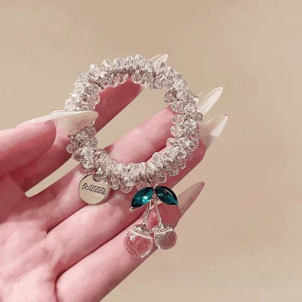 Sweet Cherry Hair Rope High Elastic Hair Accessories Band Rhinestone Hair Ring for Women and Girls