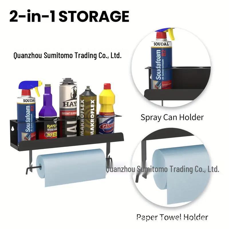 Wall-Mounted Black Metal Storage Shelf for Bottles, Jars, and Paper Rolls