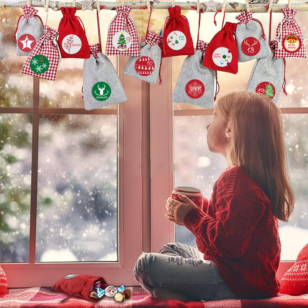 24 шт. сумки для рождественского календаря, 24 дня, календарь обратного отсчета до Рождества, мешковина, сумка для конфет с деревянными вставками