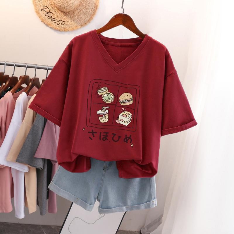 Женская футболка с коротким рукавом, большого размера, свободная и стройнящая, топ с V-образным вырезом с принтом