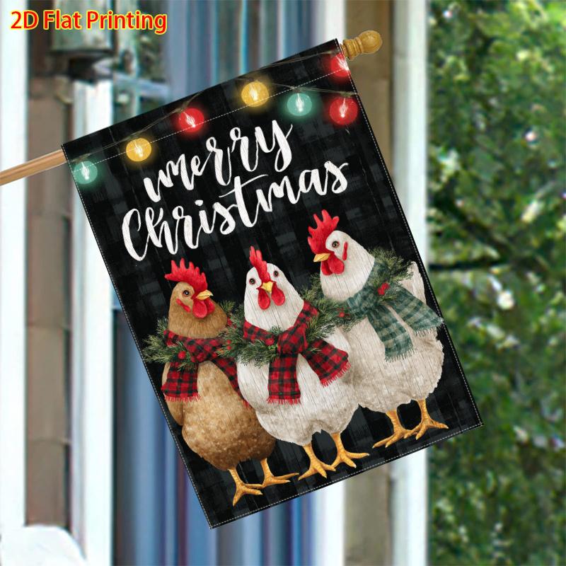 1pc, Winter Christmas, Three Roosters And Pine Branch Pattern - FlagDouble-Sided Garden Flag Courtyard Decoration, Outdoor Decoration, Lawn Decoration
