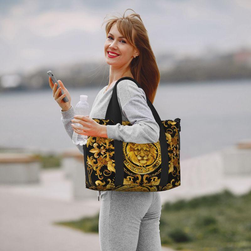 Golden Lion Baroque Pattern Travel Duffel Bag Personalized Weekender Overnight Bags with Shoulder Strap Unisex Sports Gym Bag