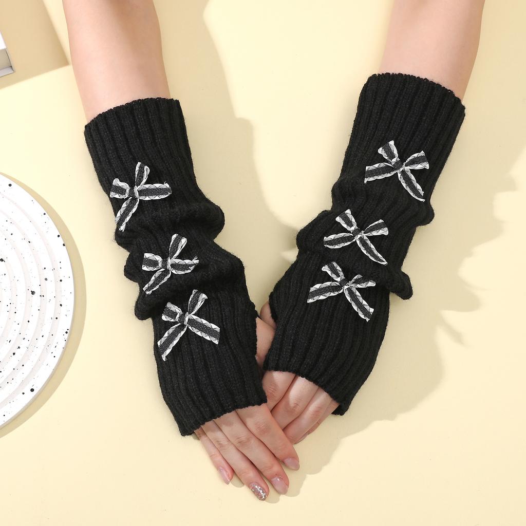 Bow Gloves for Women In Autumn and Winter Knitted Warm College Style Mid Length Stacked Sleeves Fingerless Arm Sleeves