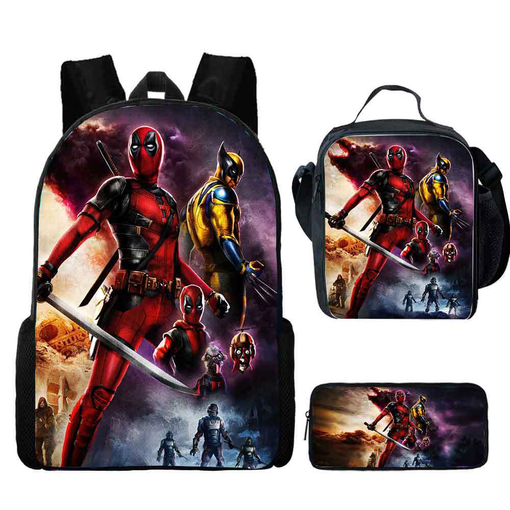 Deadpool Cartoon Children's School Bag Meal Bag Pencil Bag Three-piece Set Elementary School Backpack Backpack Large Capacity Hot Sale