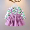 Spring Autumn Infant Baby Girl Dresses Casual Big Ear Pocket Fake Two-piece Suspender Dress Print Clothes