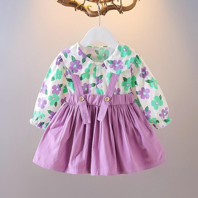 Spring Autumn Infant Baby Girl Dresses Casual Big Ear Pocket Fake Two-piece Suspender Dress Print Clothes
