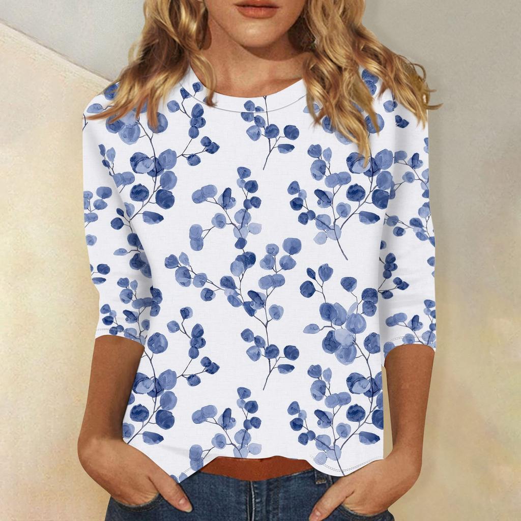 Женская модная футболка с цветочным принтом и круглым вырезом, рукав три четверти, повседневный топ