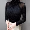 Black Women Half Turtleneck Long Sleeve Pullovers Net Yarn Patchwork See Through Slim Tops