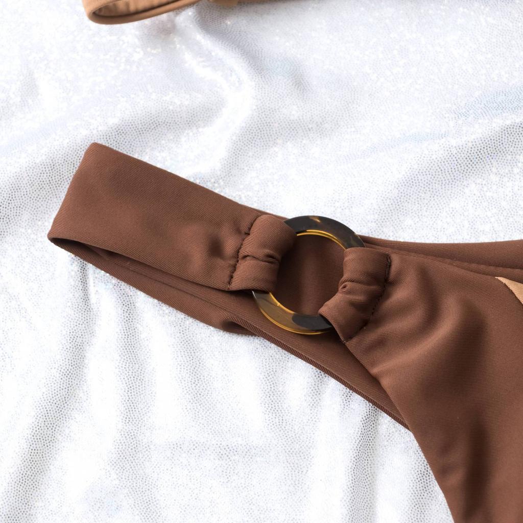 Women's Split Halter Neck Solid Color Patchwork O-String Bikini Sets