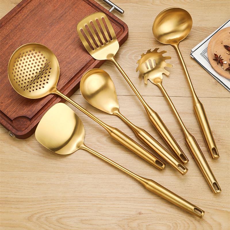 1Pc Golden Stainless Steel Long Handle Cooking Utensils Rice Spoon Soup Ladle Pancake Spatula Colander Gadgets for Kitchen