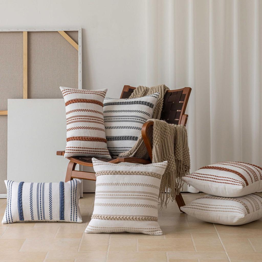 Modern Beige Striped Cotton Pillow Covers-Washable Throw Pillow Cases for Home Decor Hotel Use Sofa Bed Decor