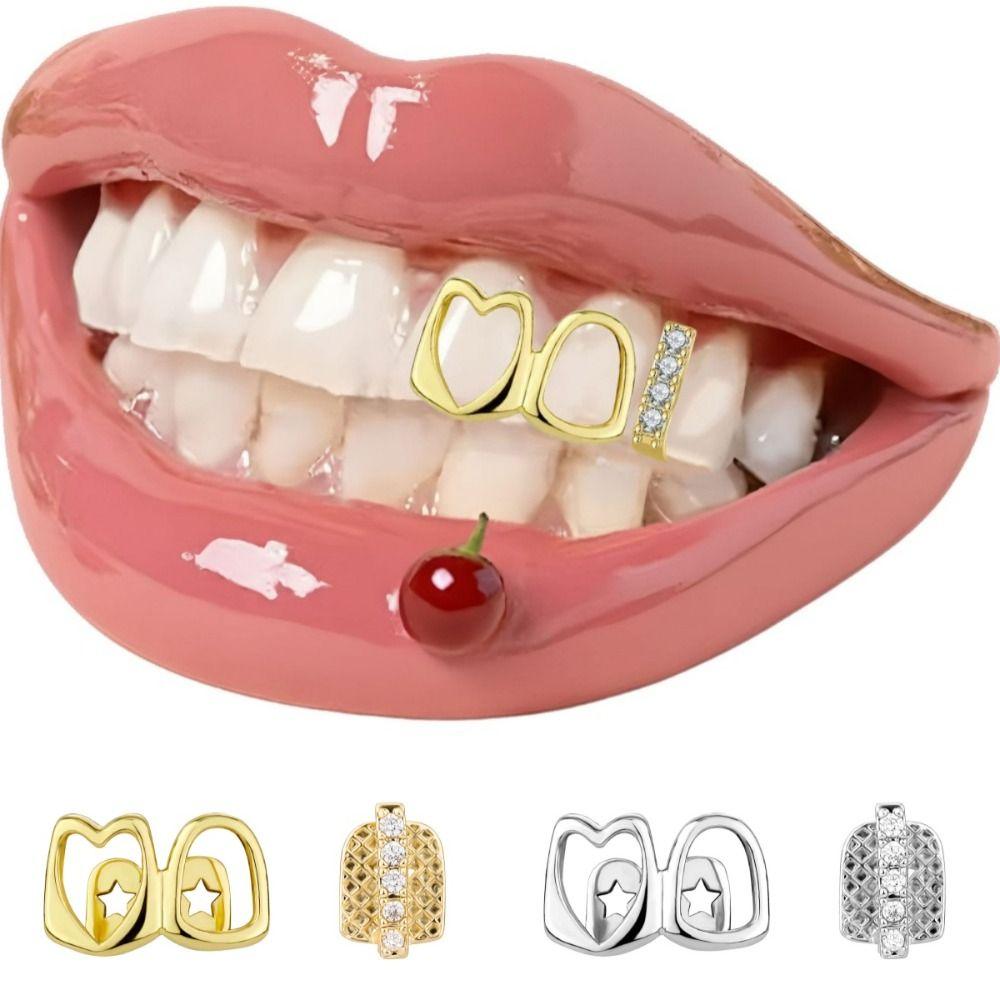 1/2pcs Gold Color Hollow Heart Tooth Grillz Rhinestone Dental Grills Party Cosplay