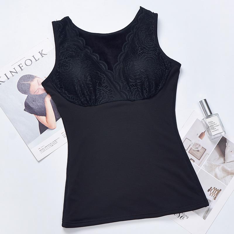 Velvet Thermal Underwear Women Double Layer Winter Warm Vest Tops Intimates Elastic V Neck Sexy Lace Thermal Vest