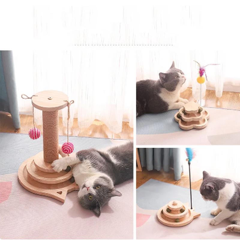 Booteely Деревянная Башня-Игрушка для Кошек с Двумя/Тремя Уровнями, Дорожки, Диск, Интеллектуальная Игрушка-Развлечение для Кошек, Тройной Игровой Диск, Игрушки для Кошек, Игрушки для Тренировки с Мячом, Декор
