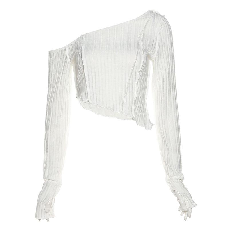 Осень Новая Женская Однотонная Приталенная Укороченная Футболка Модная Необычная Асимметричная Футболка с Длинным Рукавом