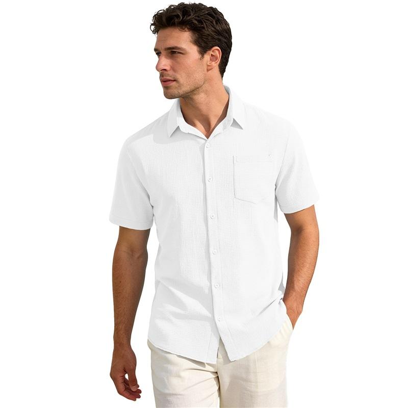 Men's Waffle Texture Short Sleeve Button Down Shirt Casual Pocketed Summer Top
