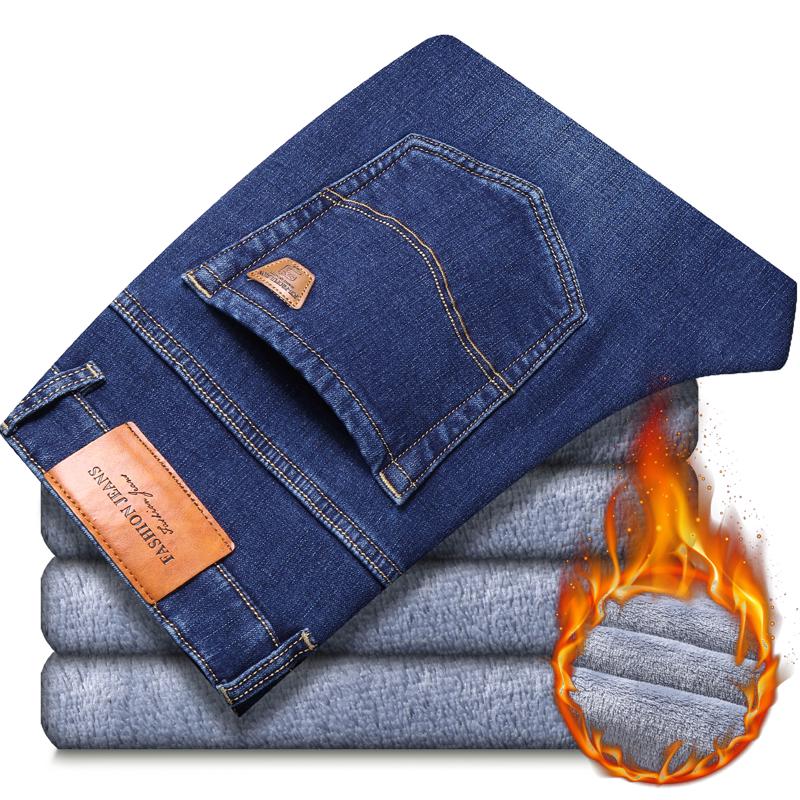 Зимние мужские флисовые черные синие джинсы, деловые повседневные теплые утепленные эластичные джинсовые брюки, мужские брендовые брюки