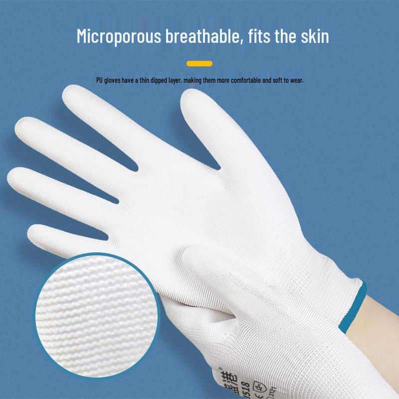 Белые перчатки с полиуретановым покрытием на ладони, антистатические, безворсовые, защита пальцев цветной полосой