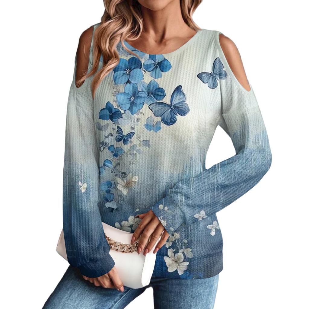 Women's Winter Oversized T-Shirt Fashionable Off-the-Shoulder Round Neck Vintage Floral Print Pullover Long-Sleeved Top