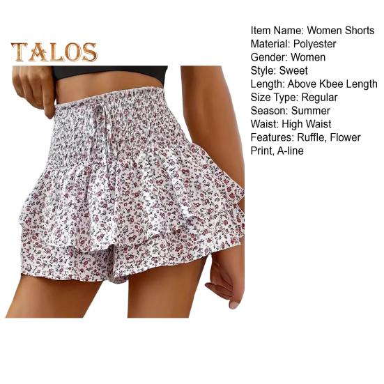 Летние женские шорты, многослойные шорты с цветочным принтом, гофрированные рюши, лоскутное шитье, эластичная высокая талия, широкий пояс, кулиска, искусственная юбка трапециевидной формы, женская мини-юбка