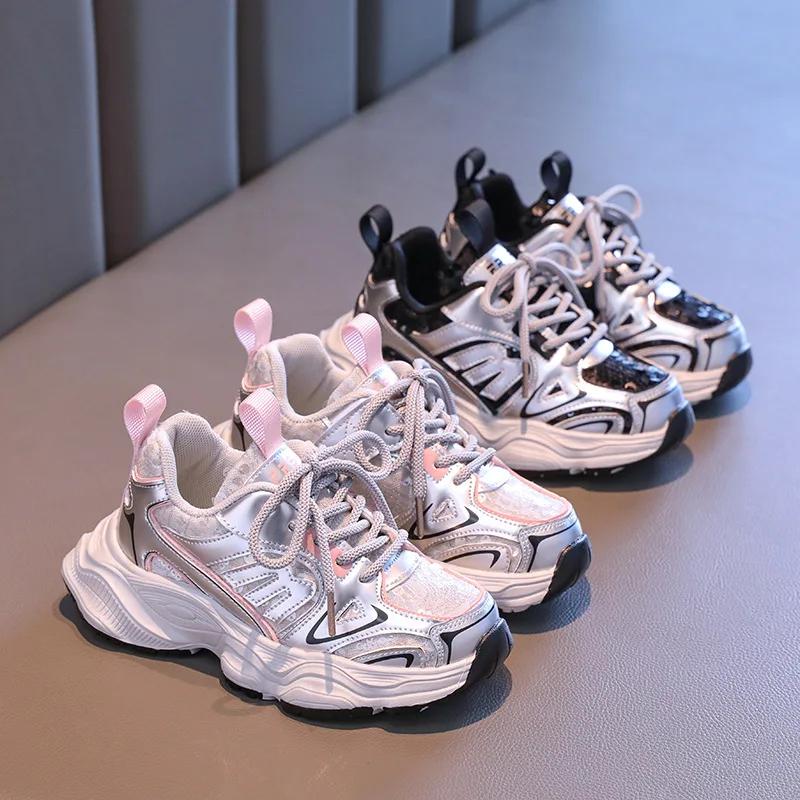 Детские баскетбольные кроссовки, массивные детские кроссовки для девочек, весна-осень, модные кроссовки с блестками, повседневные, школьные, универсальные, для бега