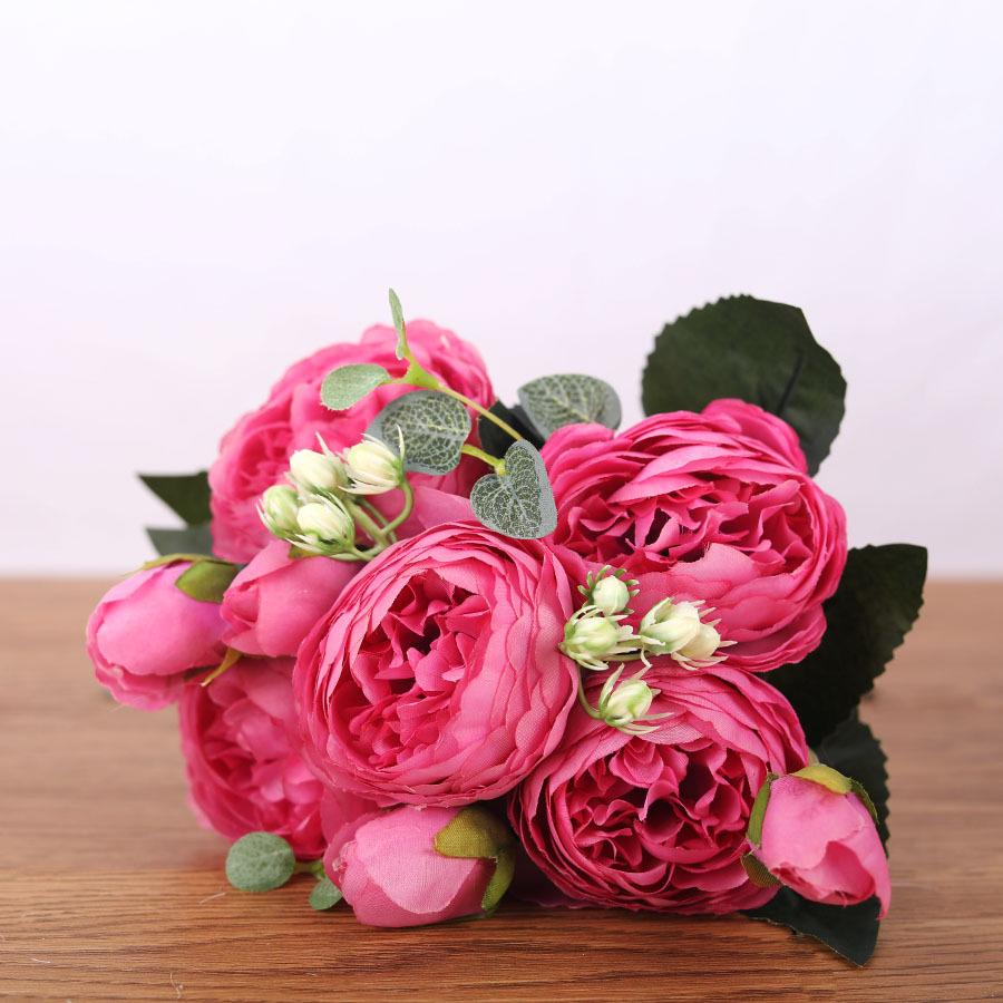 30cm Rose Pink Silk Bouquet Peony Artificial Flowers 5 Big Heads 4 Small Bud Bride Wedding Home Decoration Fake Flowers Faux KTY