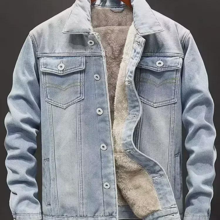 Мужская джинсовая куртка в корейском стиле с бархатной подкладкой — модная, красивая, теплая, свободного кроя, с лацканами для весны и осени