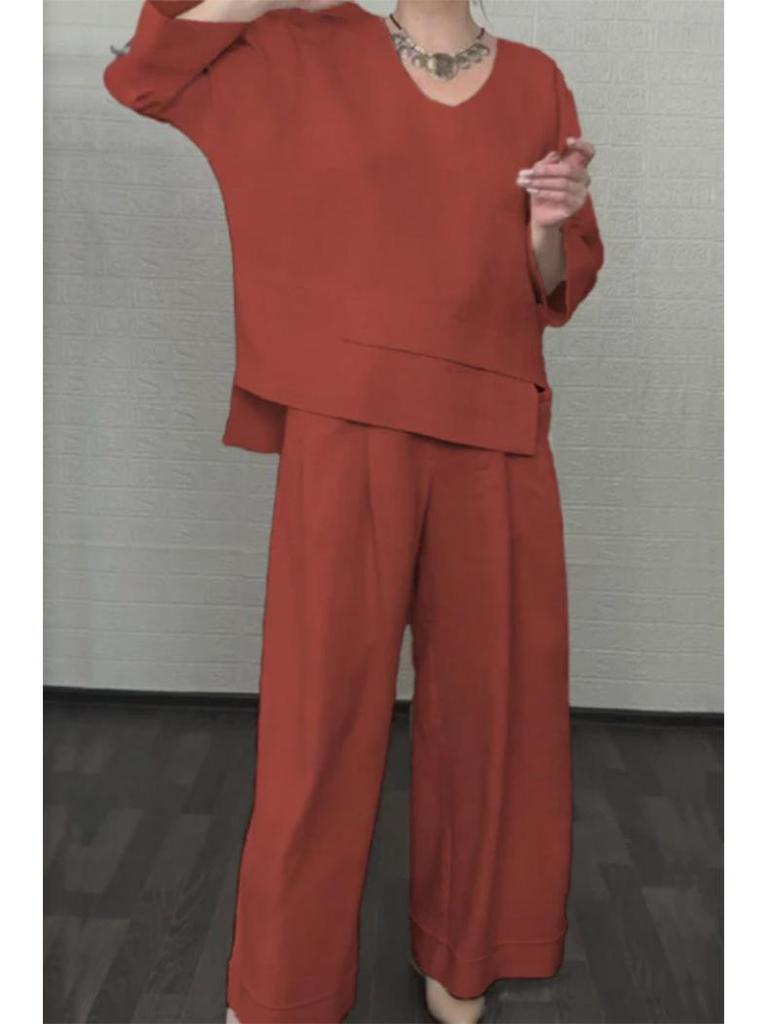 Комплект в европейско-американском стиле 2025 года: однотонный топ с круглым вырезом и брюки прямого кроя со средней посадкой