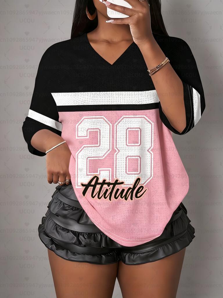 Женская футболка с принтом Attitude №28, V-образный вырез, короткий рукав, летняя футболка с графикой, сетчатые майки с дырками, больших размеров, спортивная футболка