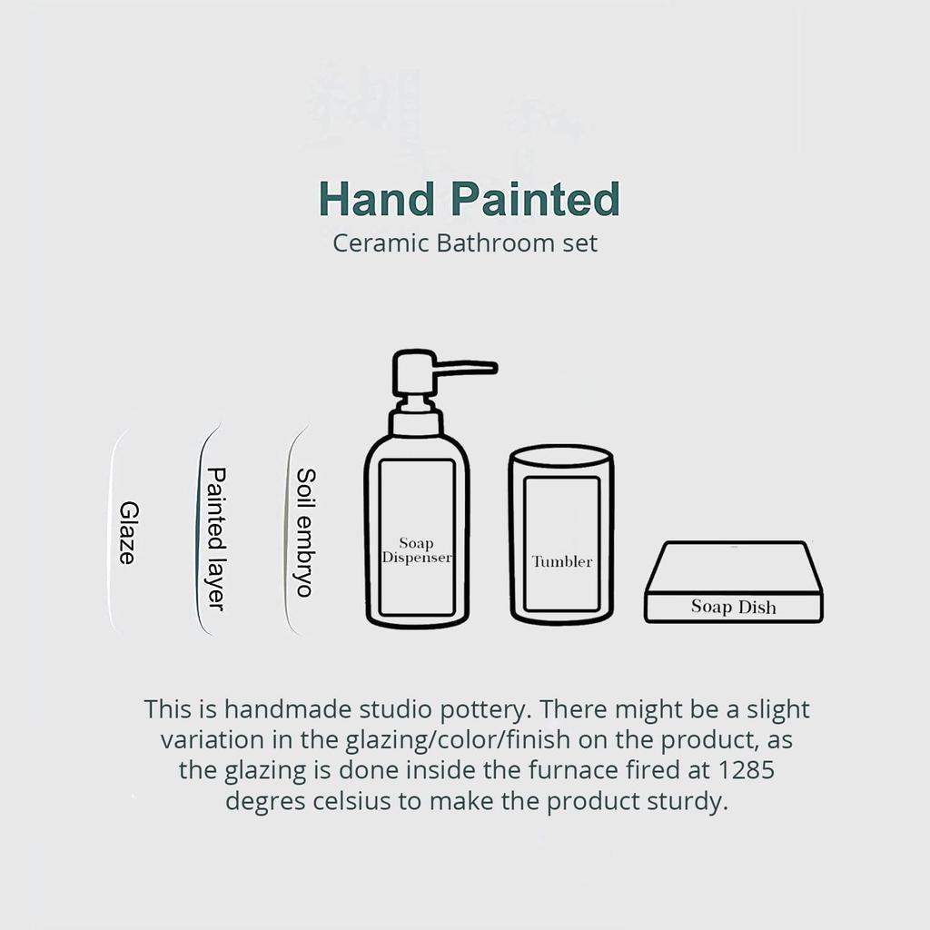 Премиальный керамический набор аксессуаров для ванной из 3 предметов | Современный набор для ванной ручной росписи с дозатором для мыла 300 мл, подставкой для зубных щеток и мыльницей |