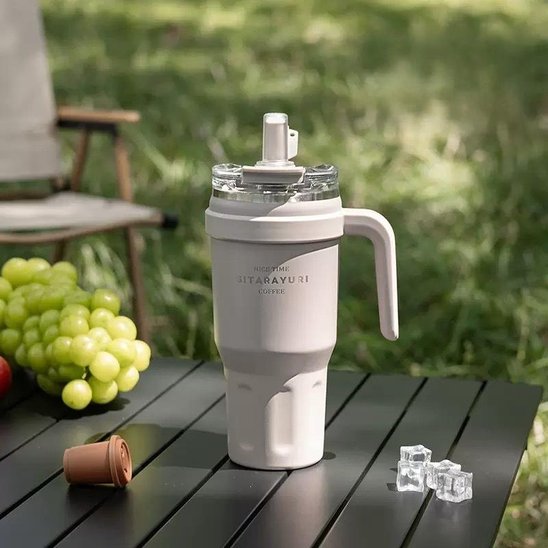JUSTINLAU 1.1L Thermos Cup Stainless Steel Vacuum Flasks with Dust-proof Straw Cap Double-drink Car Cups Leak-proof Travel Mugs