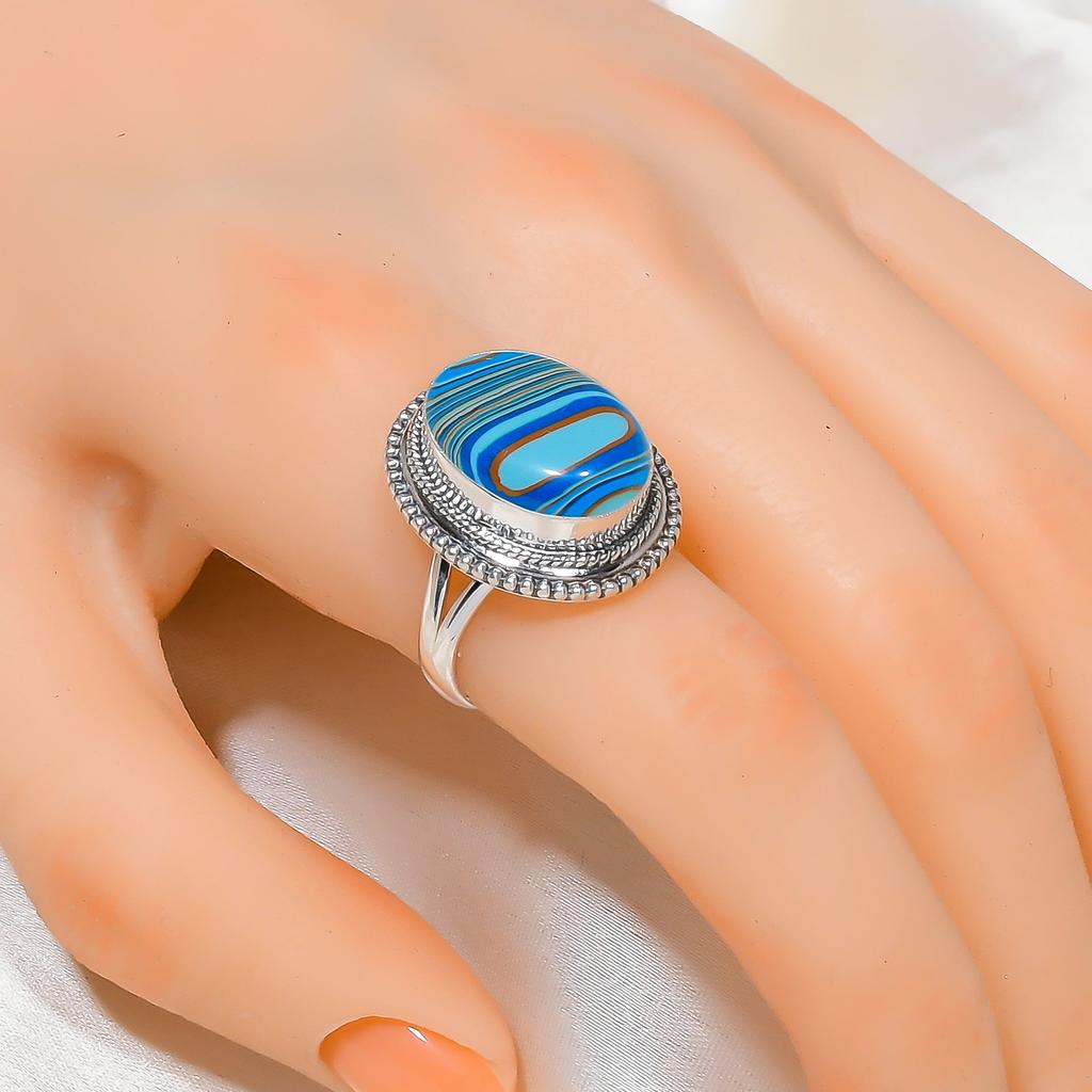 Blue Rainbow Calsilica 925 Sterling Silver Ring V4359, Blue Ring, Oval Ring, Valentin's Day Gift, Gift For Her, Birthday Gift, Handmade Jewelry, Silve