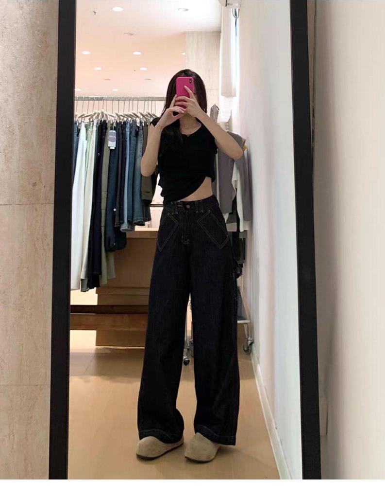 Женские джинсы больших размеров в стиле ретро с высокой посадкой, черные - Осень 2025, широкие брюки, стройнящие