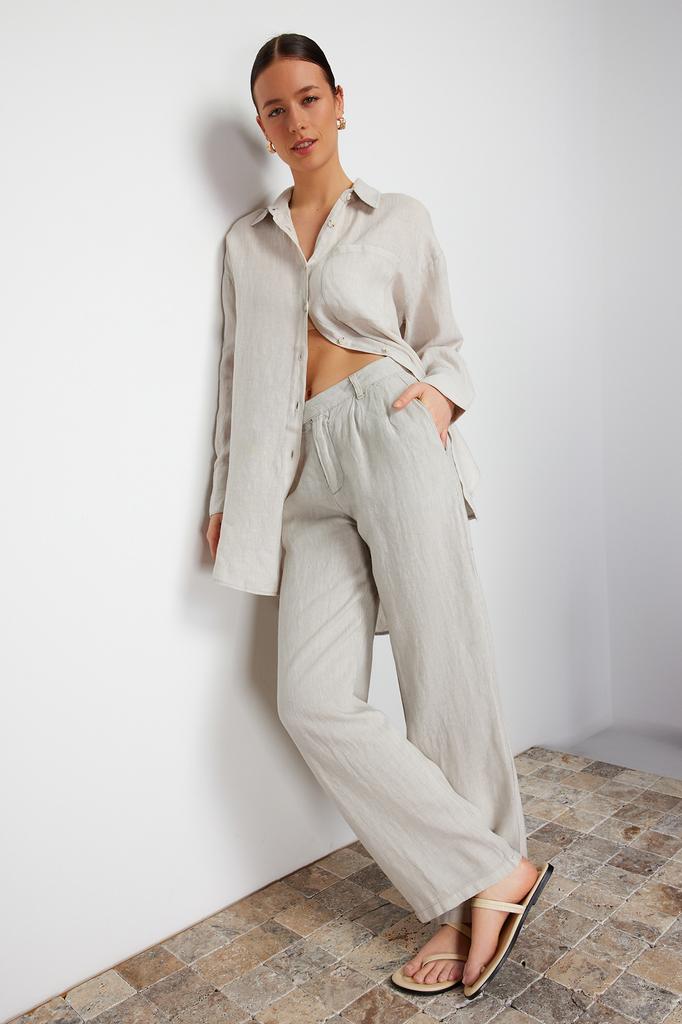 Women's Fashion New Jeans Gray 100% Linen Pleated High Waist Wide Leg Pants