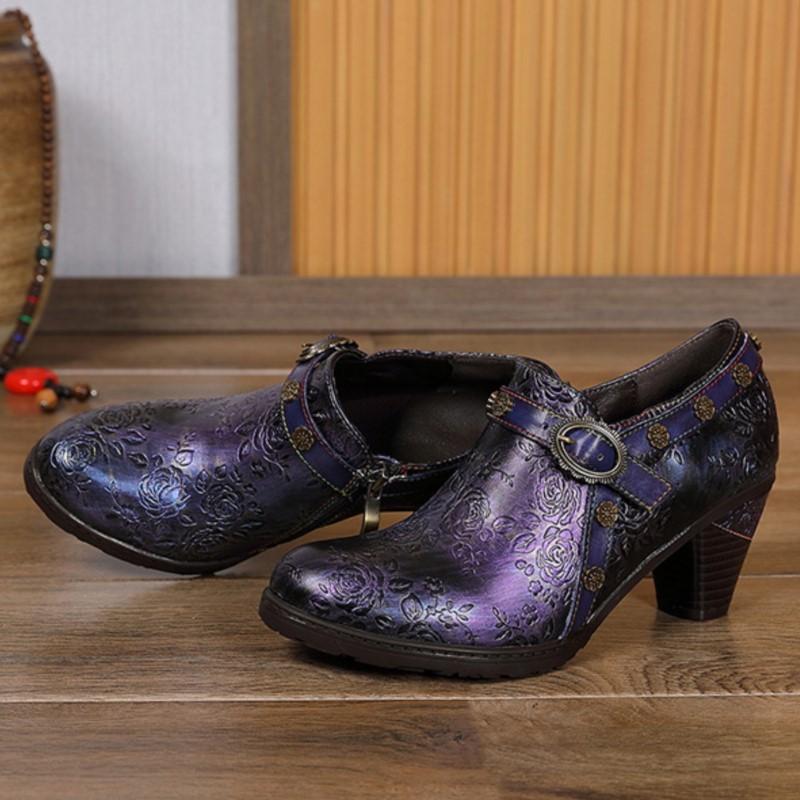 Johnature Genuine Leather Pumps Women Shoes Retro Round Toe Casual High Heels Printed Handmade Ladies Shoes