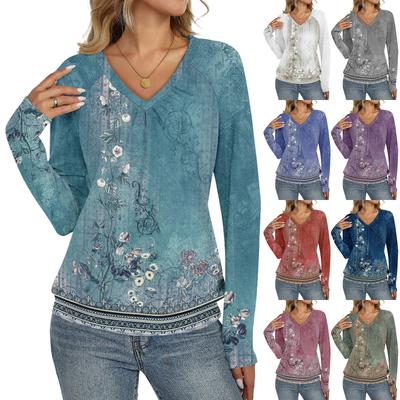 Женский повседневный модный топ с V-образным вырезом, регланом, плиссировкой, ретро-принтом и длинным рукавом