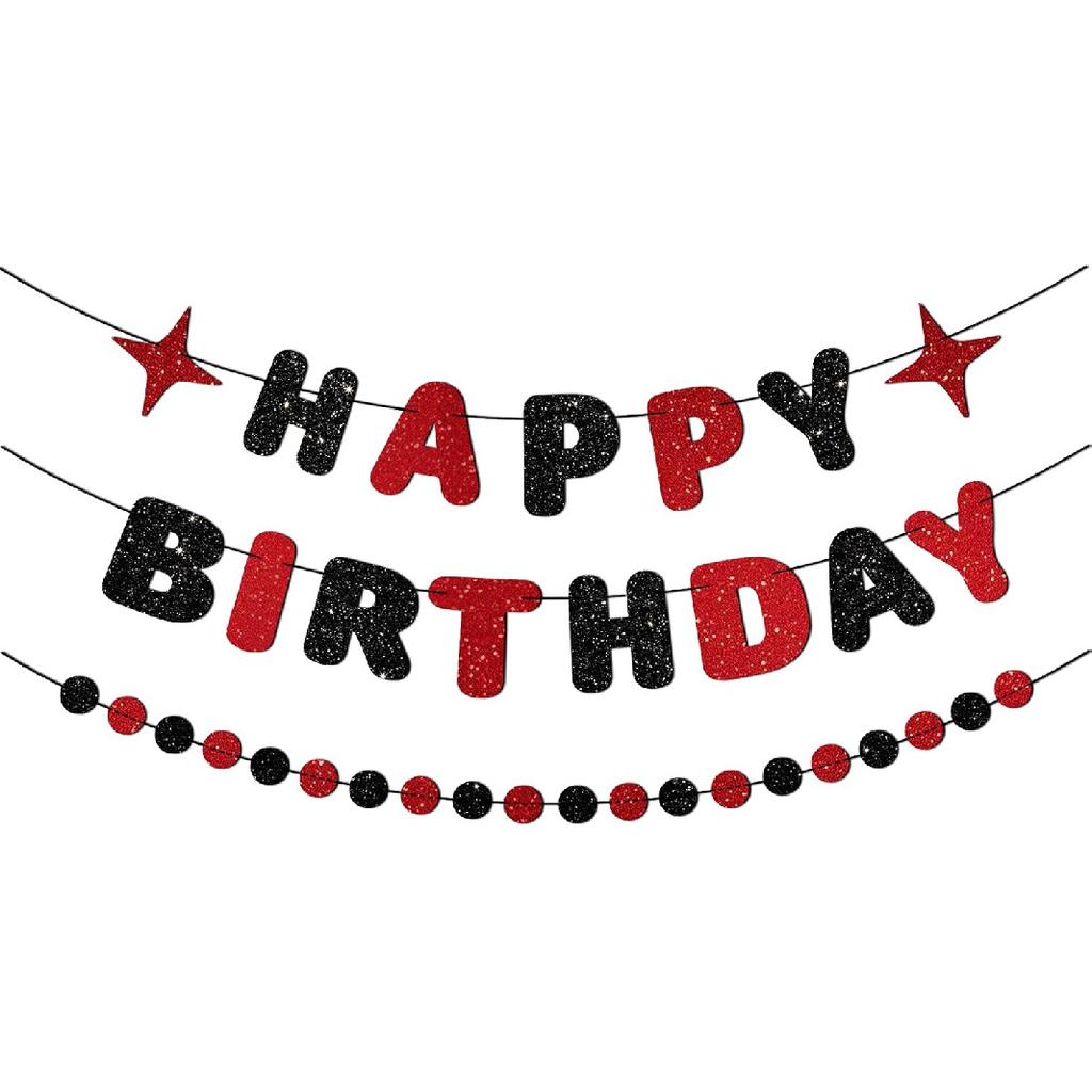 Red and Black Happy Birthday Banner Glitter Garland for Black and Red Decorations Happy Birthday Decorations for Women Men Boys Girls 25st 30st 40st