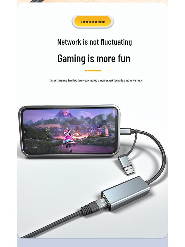 Dual-Head USB Type-C To RJ45 Gigabit Network Card, 100M/1000, Driver-Free