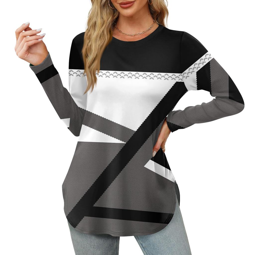 Женские рубашки с длинным рукавом и круглым вырезом, базовые свободные туники с боковым разрезом, повседневные рубашки с цветочным принтом