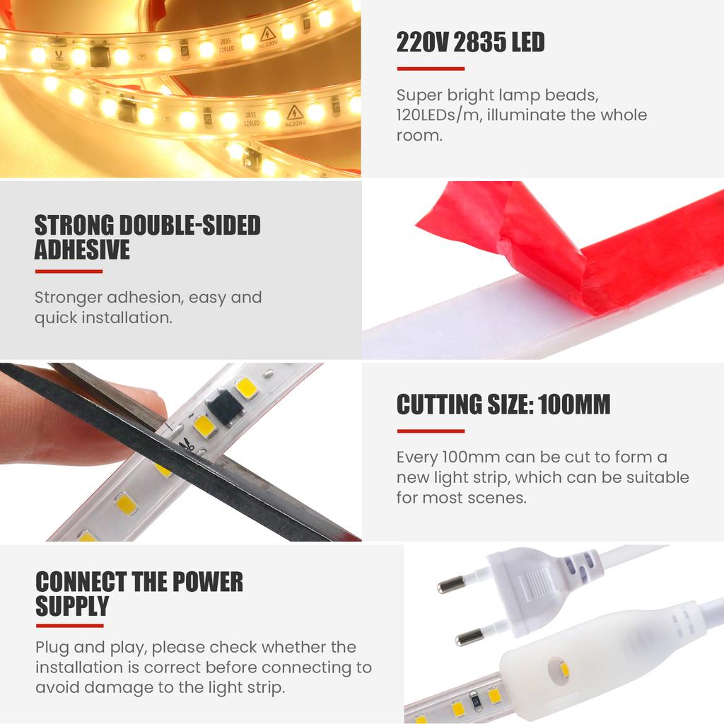 220V LED Strip Light IP65 Waterproof Dimmable Ribbon Stripe Adhesive 120LEDs/m Flexible LED Tape with Dimmer/Switch/Power Plug