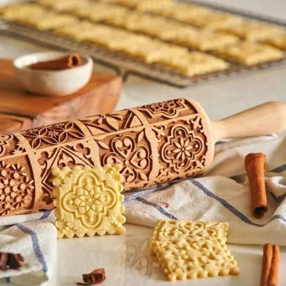 Square Grid Patterned Roller Laser Engraved Embossed Wooden Rolling Pin Cookies Mold Dough