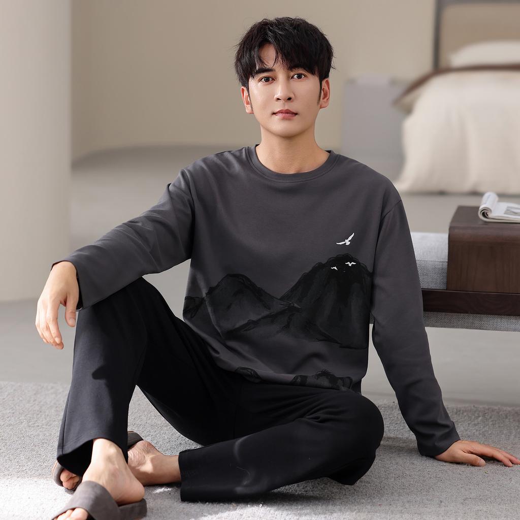 Pajamas Men'S Autumn Thin Cotton Long Sleeve Spring And Autumn Simple Wear Loungewear Suit