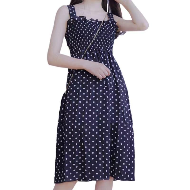 Fashion Women Loose None Sleeve Polka Dot Shoulder Plus Size Casual Dress